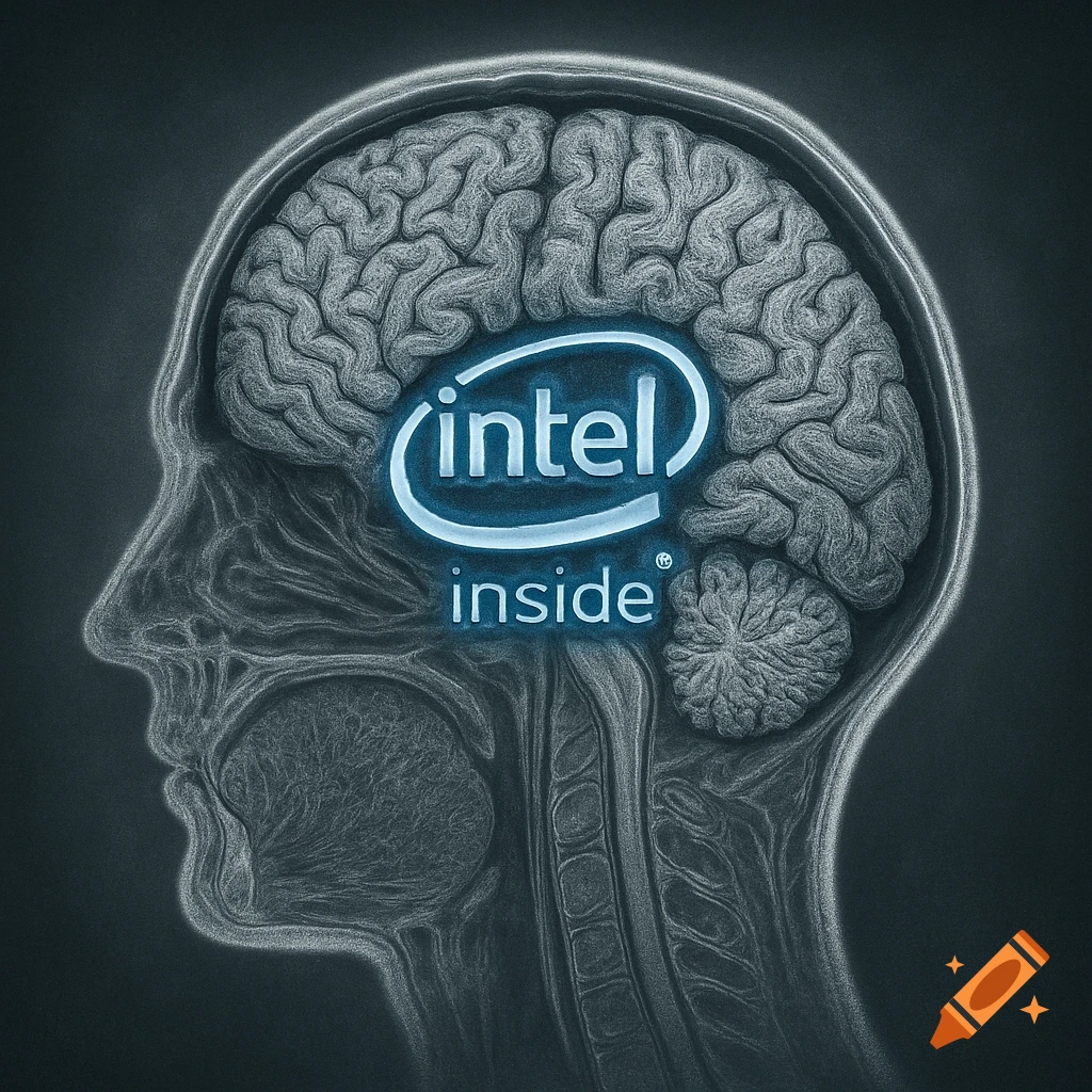 CT scan style image of a human head in profile, showing a brain with a glowing blue Intel Inside logo.