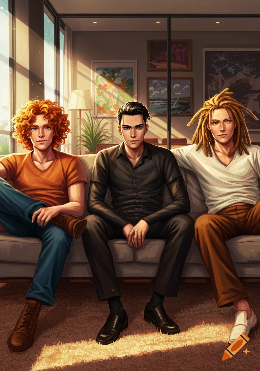 Three anime-style men with varying hairstyles, including red curly hair, black slicked hair, and blonde dreadlocks, sit on a couch in a sunlit room.