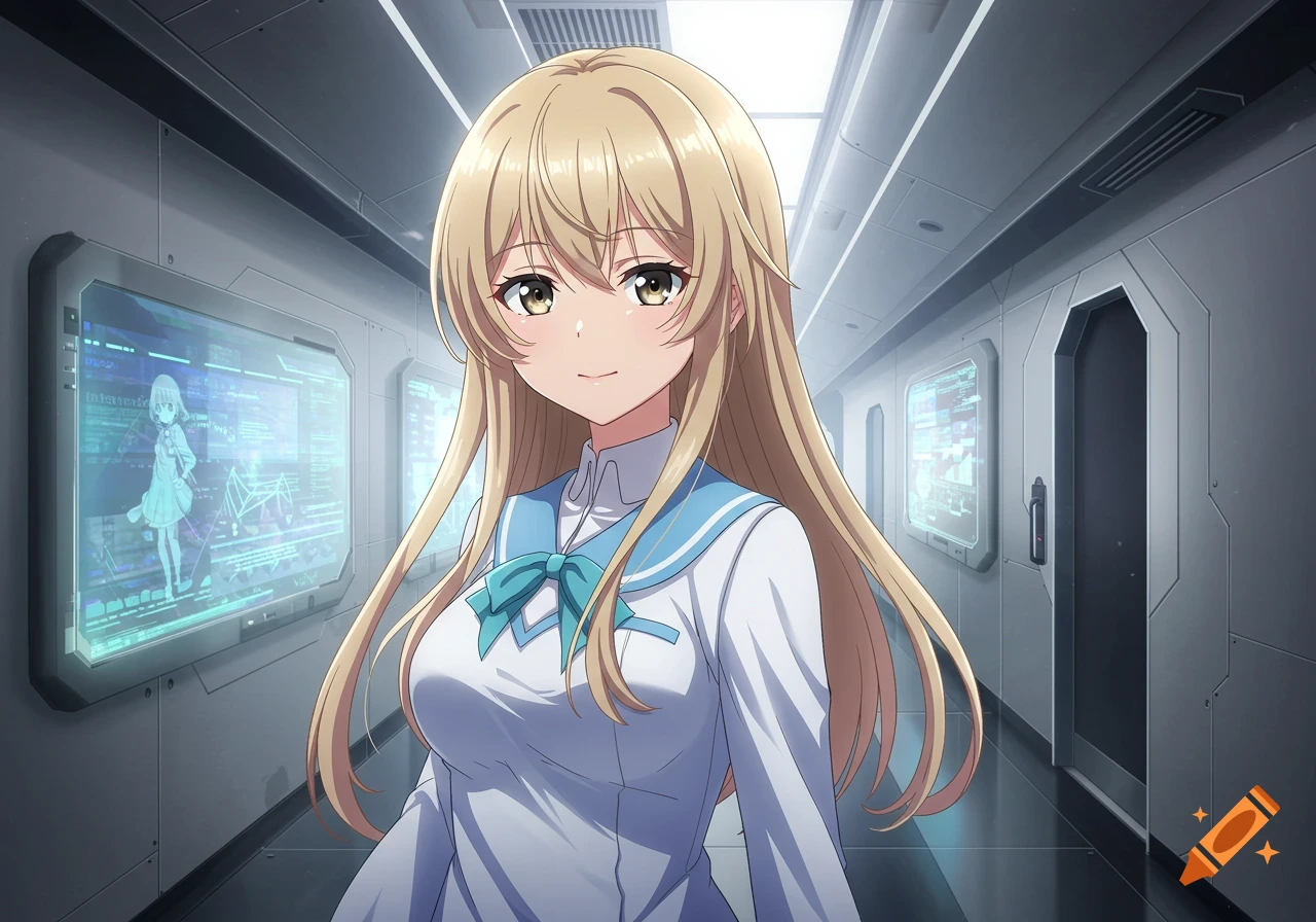 An anime-style girl with long blonde hair and a white and blue school uniform stands in a futuristic hallway with glowing screens.