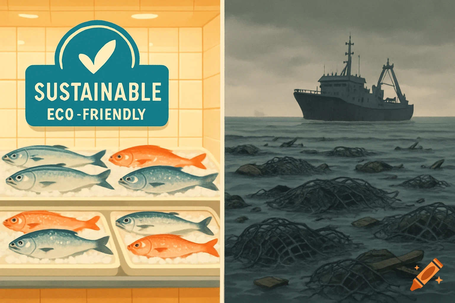 Split image showing sustainable seafood vs. ocean pollution. Left: fresh fish with an 'eco-friendly' badge. Right: fishing trawler and discarded nets.