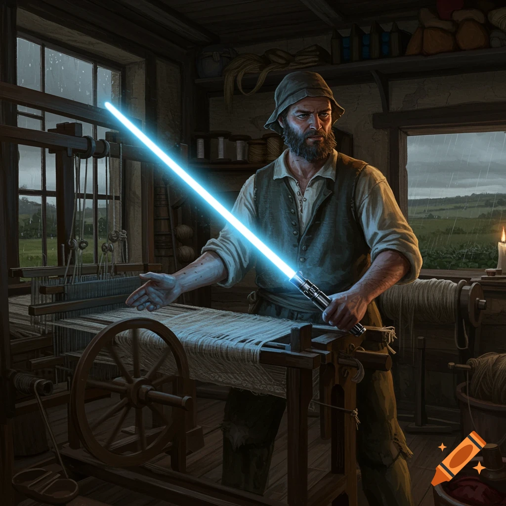 A bearded Luddite weaver from 1810 holds a glowing blue lightsaber inside his rustic workshop with a wooden loom, rain visible outside a window.