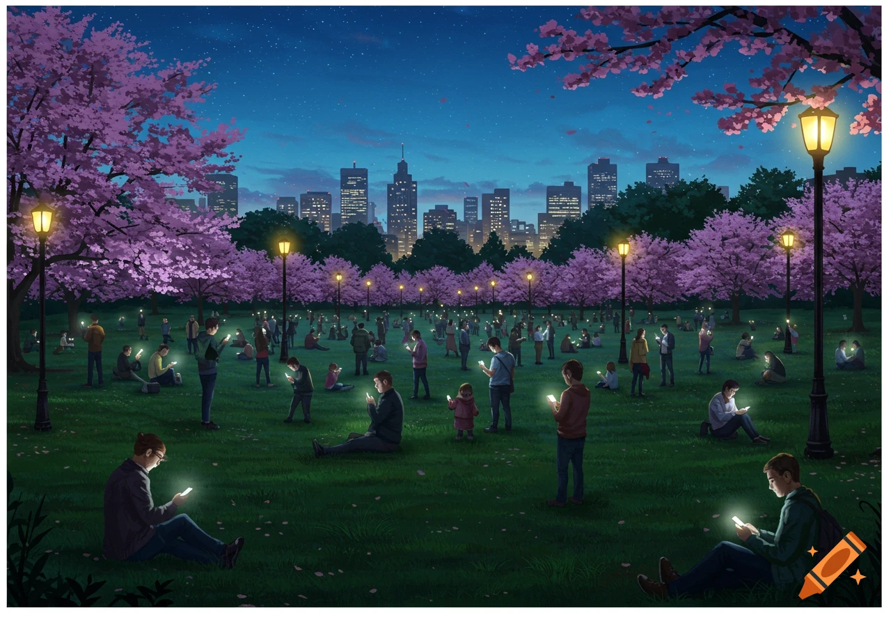 People illuminated by their phone screens in a cherry blossom park at night, with a city skyline in the background.