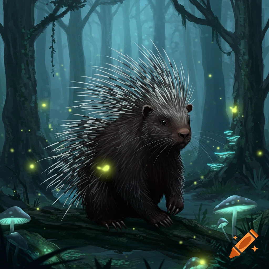 A porcupine with long quills sits on a log in a dark, misty forest, surrounded by glowing mushrooms and fireflies in a mystical digital painting style.