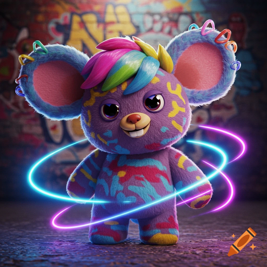 A vibrant, purple furry creature with colorful hair and markings stands against a graffiti wall, surrounded by glowing neon rings.