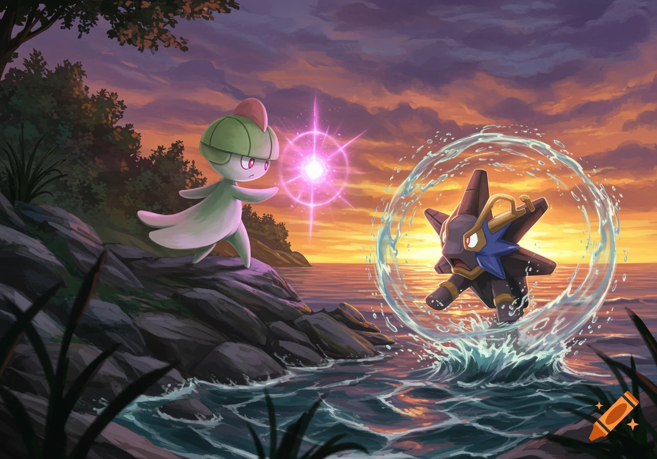 Ralts and Staryu battle by the water at sunset, with a pink glow between them.