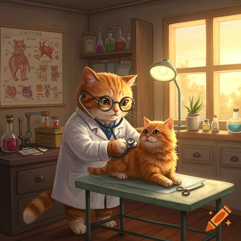 A cartoon ginger cat doctor in a white coat and glasses uses a stethoscope on a fluffy ginger cat patient on an examination table in a vet office.