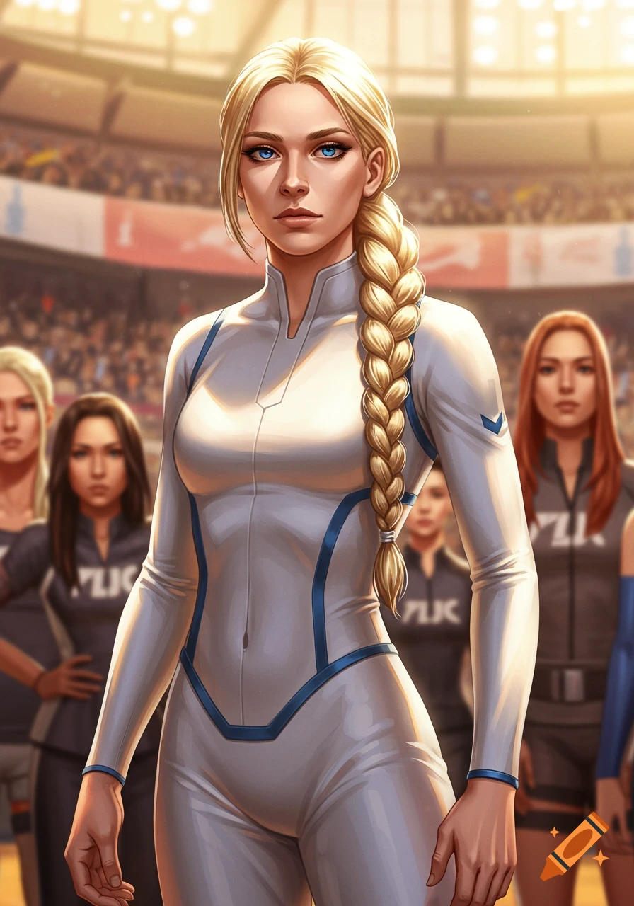 A blonde female team captain in a white and blue athletic suit stands in a stadium with her team.