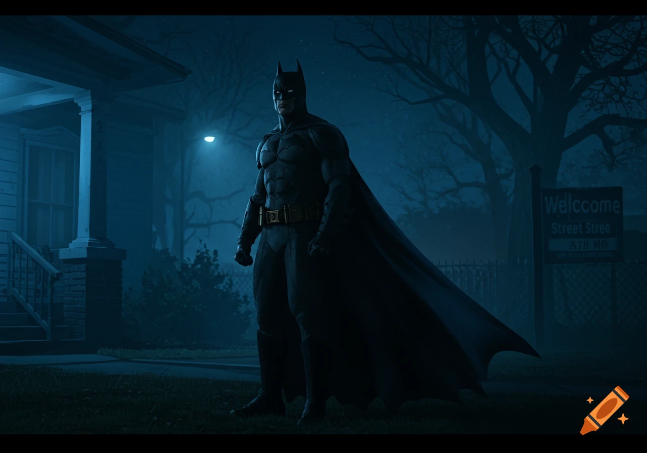Batman stands in a dark, atmospheric street scene at night, illuminated by a streetlamp near a house.