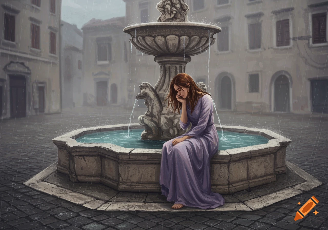 A sad woman in a purple dress sits on the edge of a stone fountain in a rainy city square.