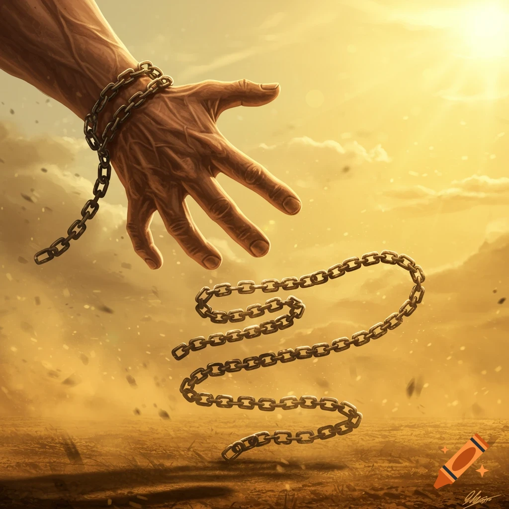 A strong hand with broken chains around the wrist, as the rest of the chain falls away in a golden, dusty sky.