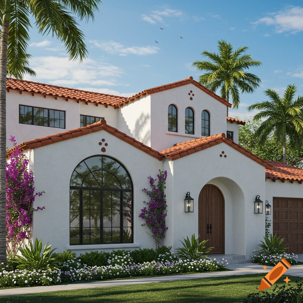 Photorealistic image of a Spanish Mediterranean house with white walls, red tile roof, and lush green landscaping.