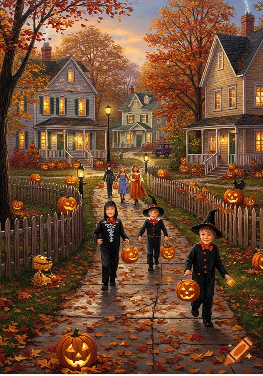 A painting of children in Halloween costumes trick-or-treating on an autumn evening in a cozy neighborhood.