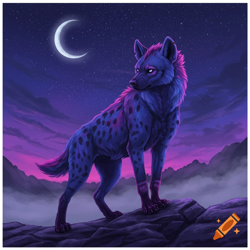 A stylized blue and purple hyena-like creature with glowing eyes stands on rocks under a starry night sky with a crescent moon.
