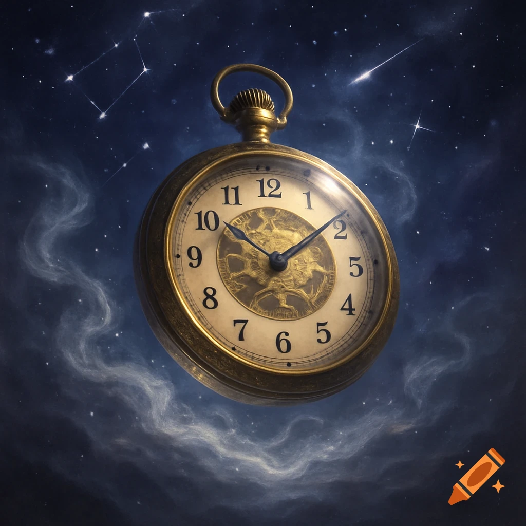 A golden antique pocket watch floats in a dark blue, starry cosmic background with wispy clouds and a shooting star.