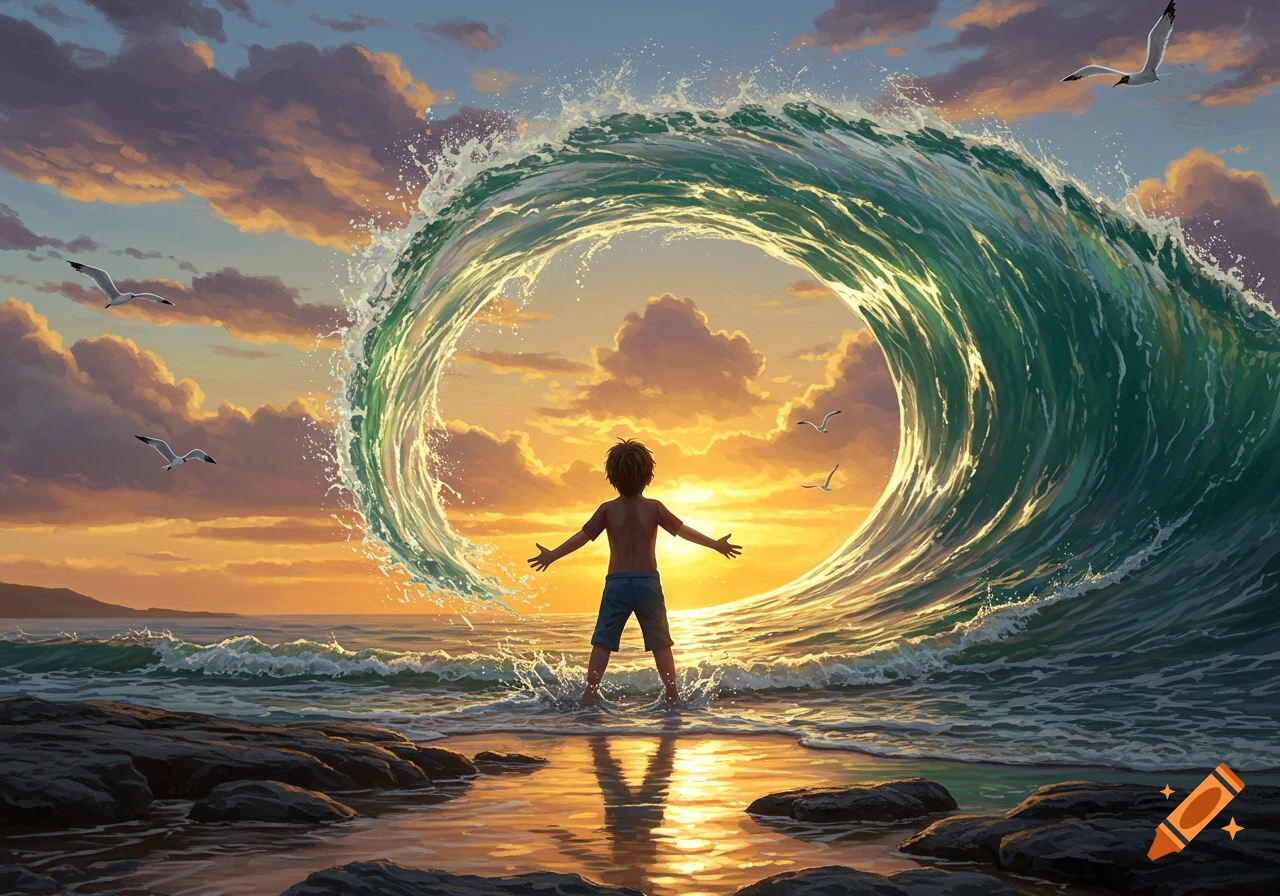 A boy stands in the ocean with arms outstretched, as a large wave curls into a perfect circle around him, illuminated by a vibrant sunset.