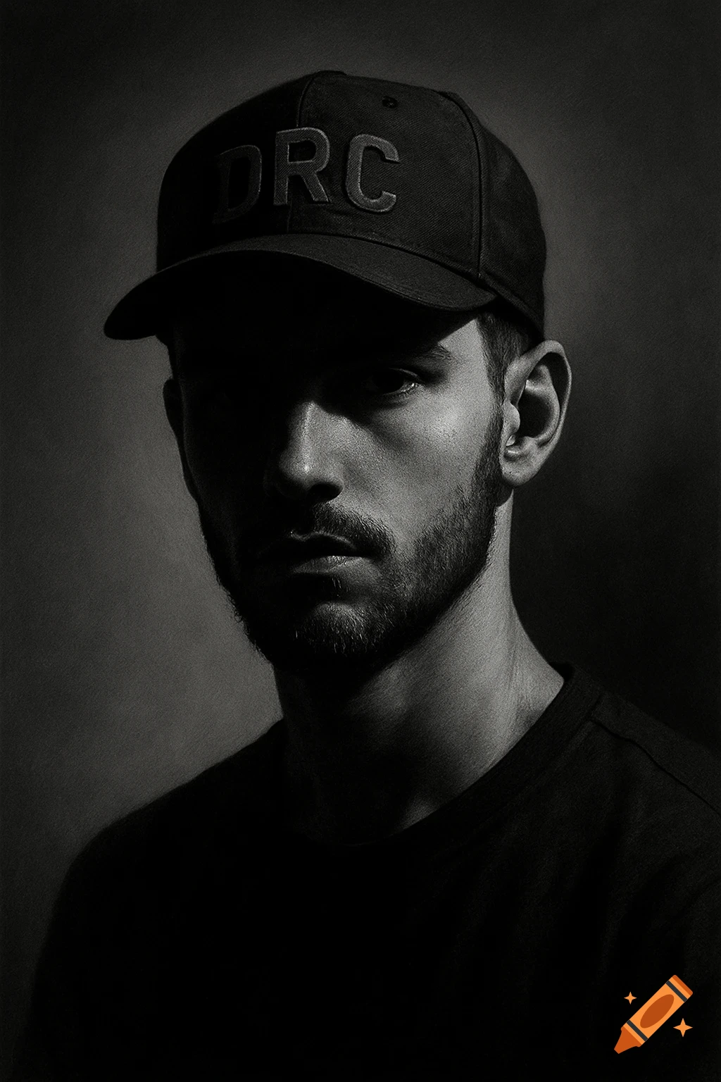 Black and white portrait of a bearded man wearing a baseball cap with 'DRC' on it, his face half in shadow.