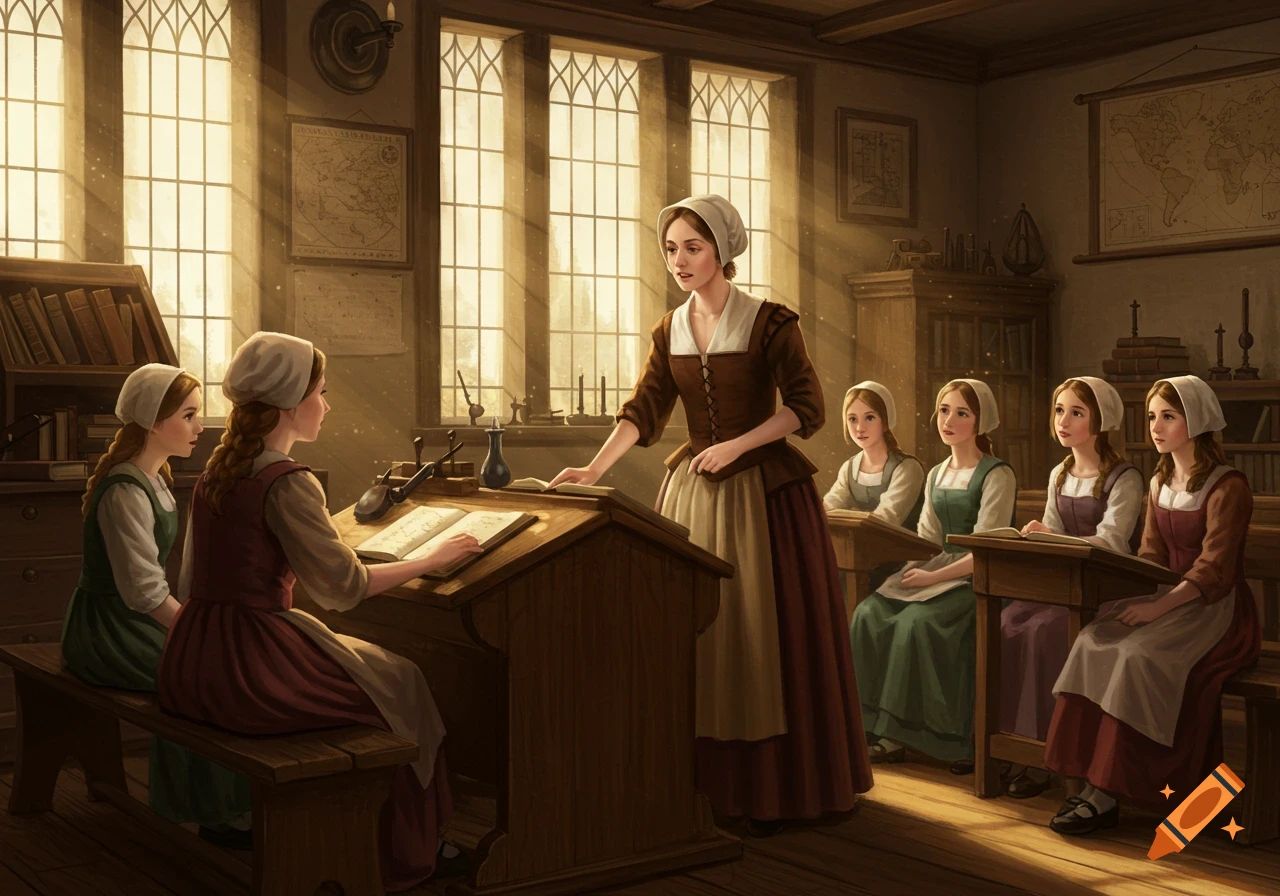 A woman teaches several girls in a sunlit historical classroom with maps and books.