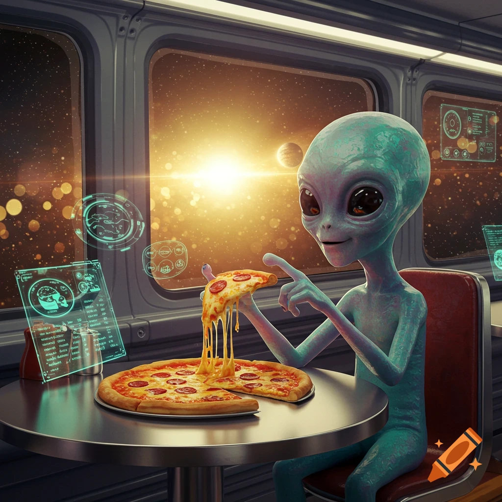 A friendly alien in a futuristic spaceship diner, smiling while lifting a slice of pepperoni pizza with stringy cheese.