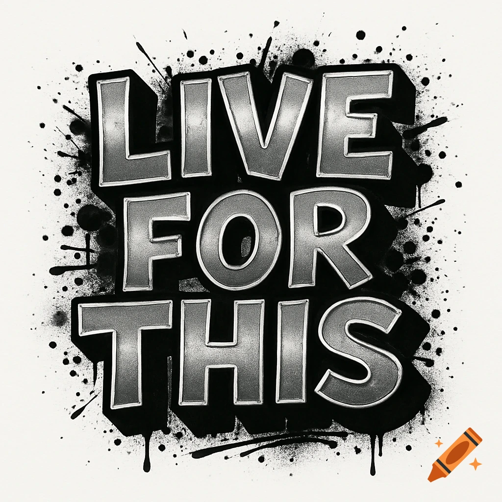 Graffiti-style metallic gray text "LIVE FOR THIS" with black outlines, 3D shadows, and paint splatters on a white background.