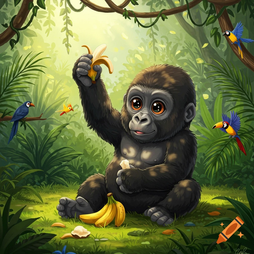 A cute cartoon gorilla sits in a vibrant jungle, holding a peeled banana. Other bananas are on the ground, and colorful birds are in the background.