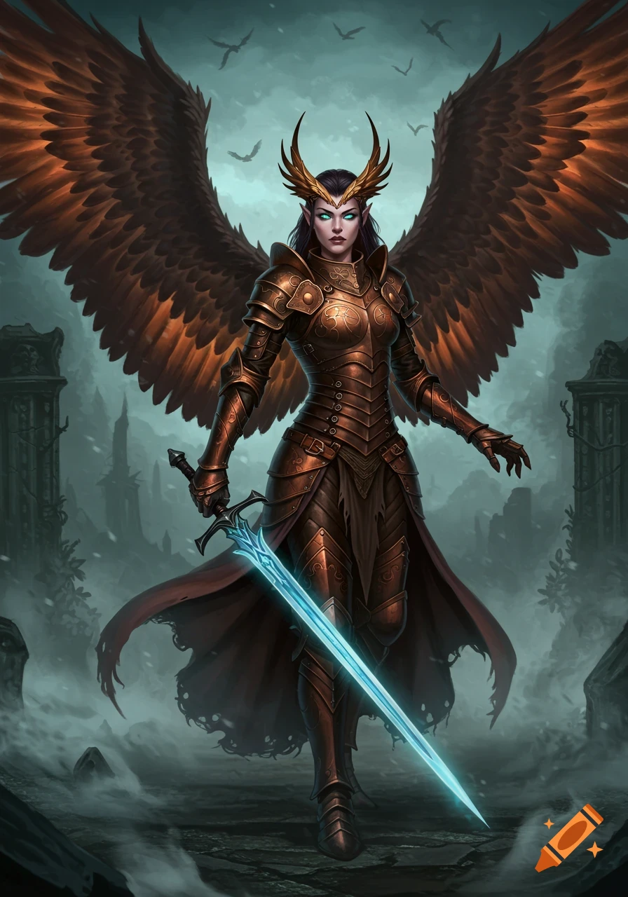 A full-body fantasy illustration of an armored winged woman with glowing eyes and golden horns, holding a glowing blue sword in a misty, ruined landscape.