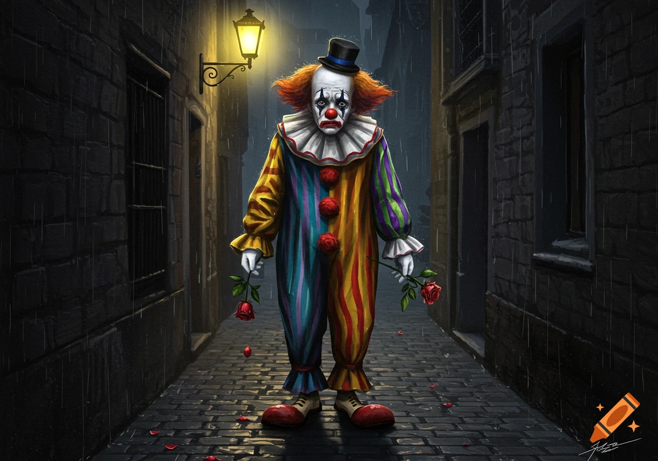 A melancholy clown in a colorful suit stands in a dark, rainy alley holding wilted roses under a street lamp.