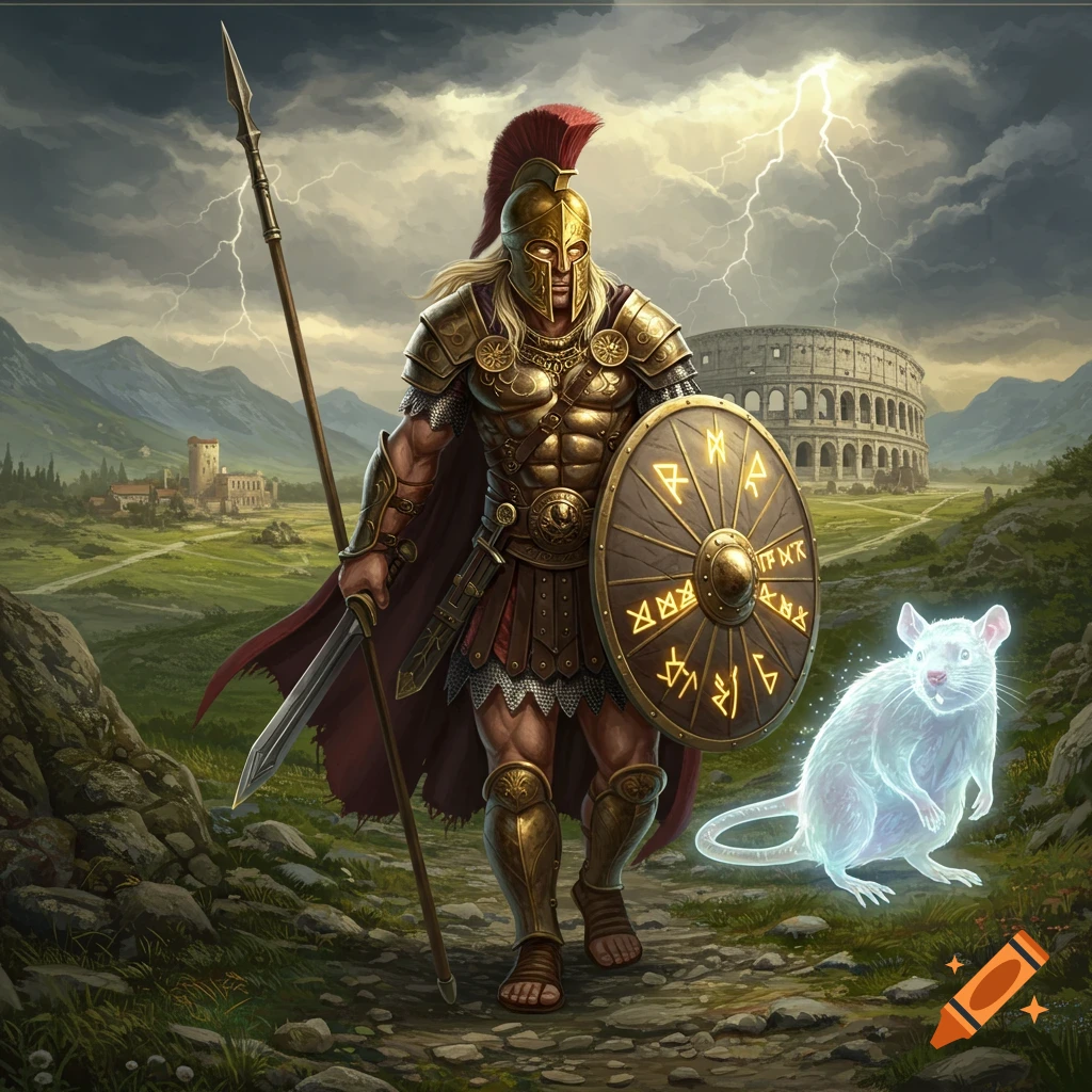 A fantasy warrior in golden armor with a spear and glowing shield walks along a rocky path with a glowing white rat, a distant coliseum under a stormy sky.