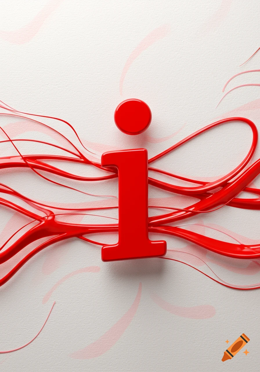 A glossy red 3D lowercase letter 'i' with swirling red lines on a textured white background.