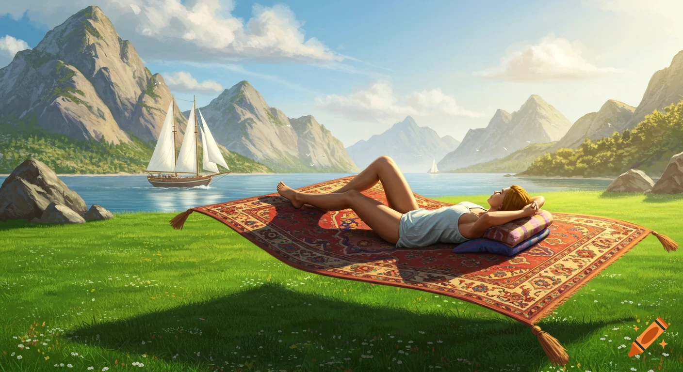 Woman relaxing on a magic carpet above a grassy landscape with a lake, mountains, and sailboat.
