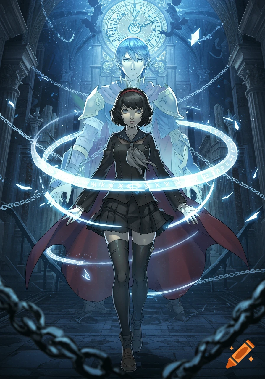 An anime illustration features a dark-haired girl in a school uniform with glowing blue magic rings around her, standing in front of a blue-haired armored man with a red cape. The background shows a large clock face and ruined gothic architecture in a dark, ethereal setting.
