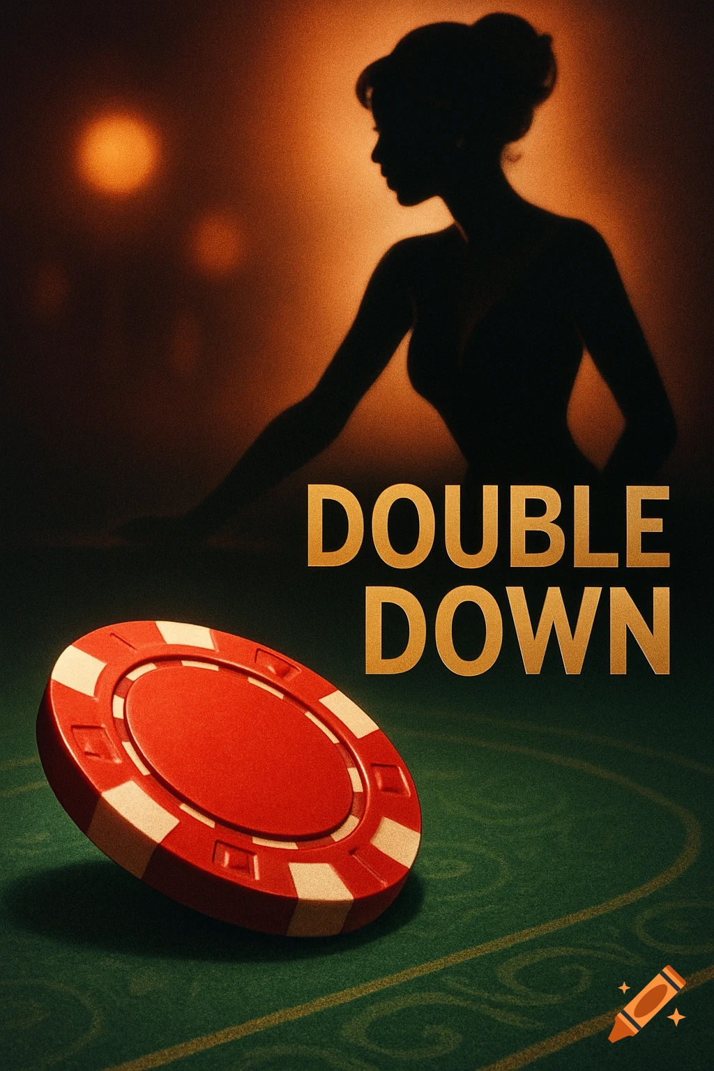 A silhouette of a woman behind a large red poker chip with "DOUBLE DOWN" text.