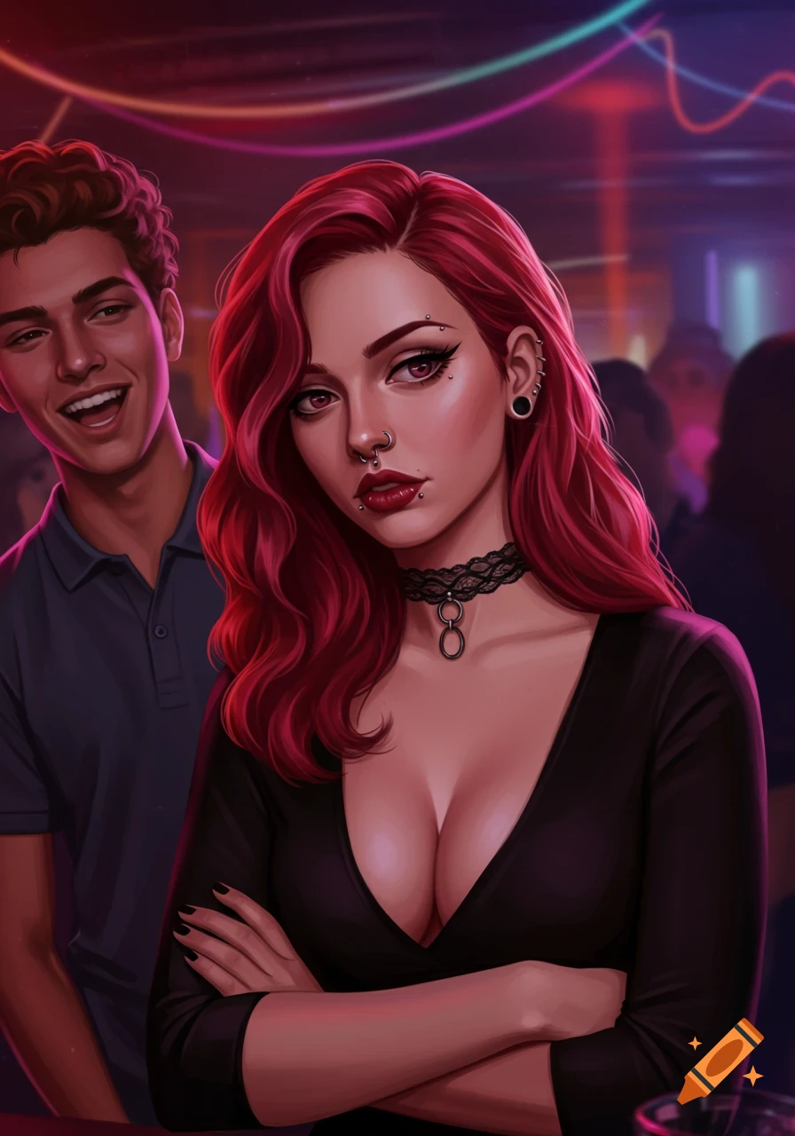 Digital art of a red-haired woman with piercings and a low-cut top, arms crossed, ignoring a smiling man behind her in a club.