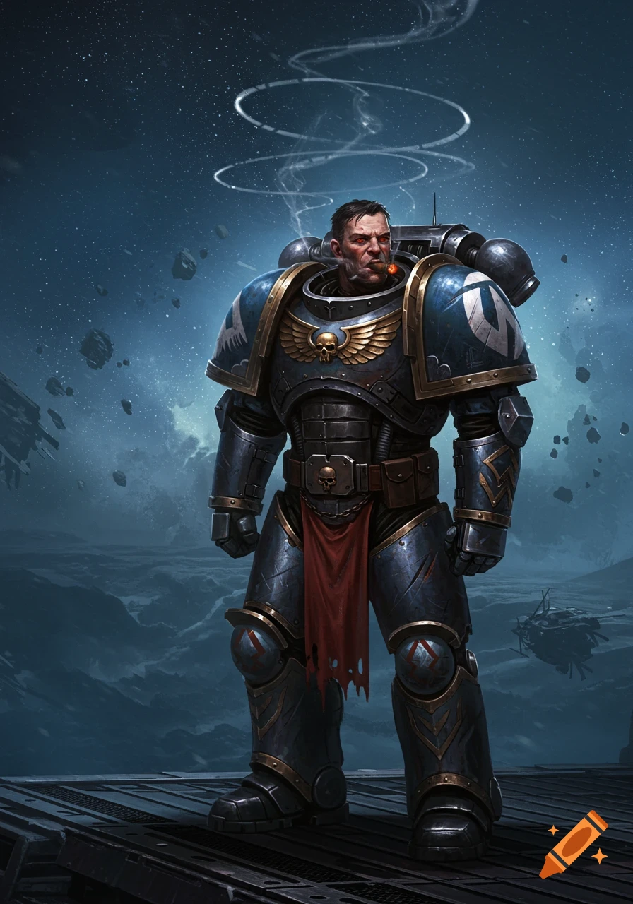 A heavily armored space marine, smoking a cigar, stands on a platform against a dark, asteroid-filled cosmic background with nebulous clouds.