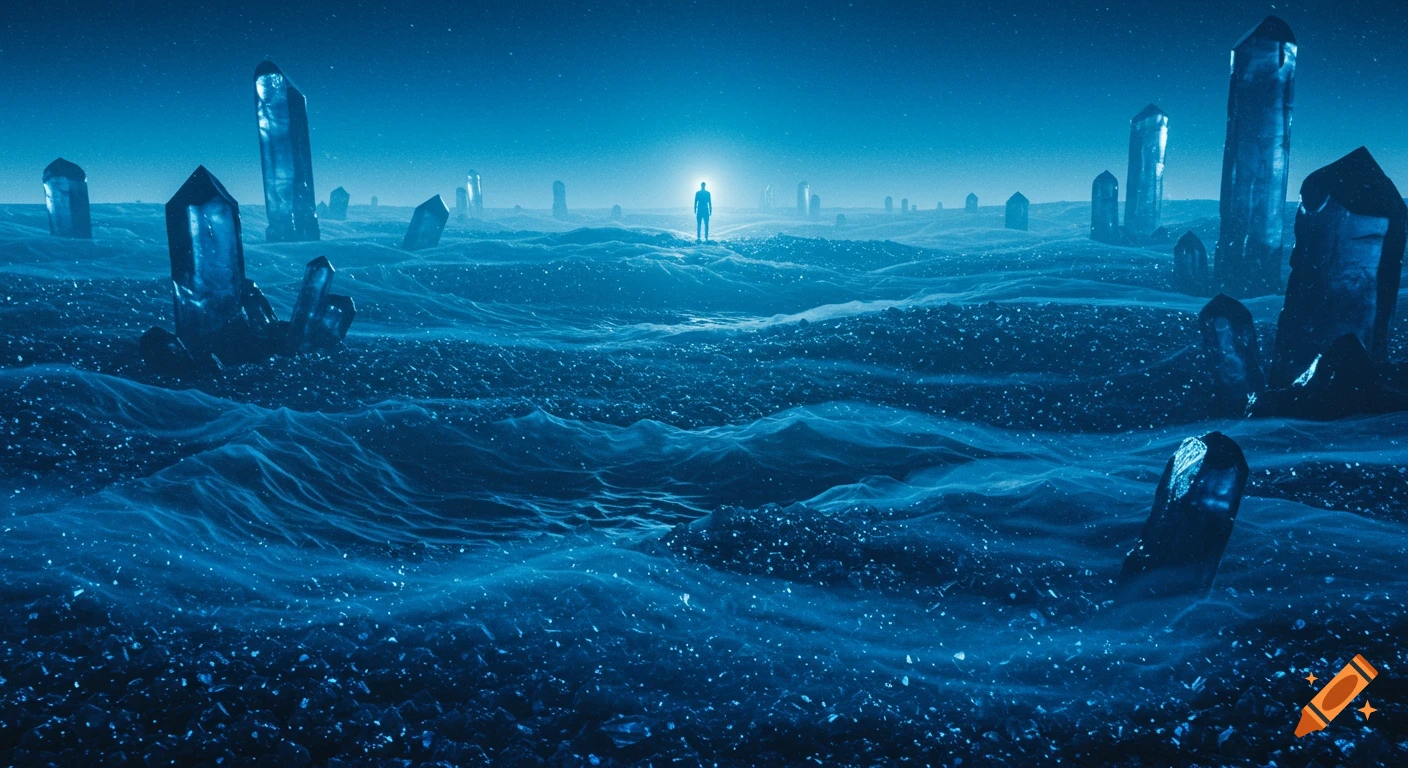 A lone figure stands on the horizon of an otherworldly, blue crystalline landscape with shimmering ground and a starry sky, in a surreal, photorealistic style.