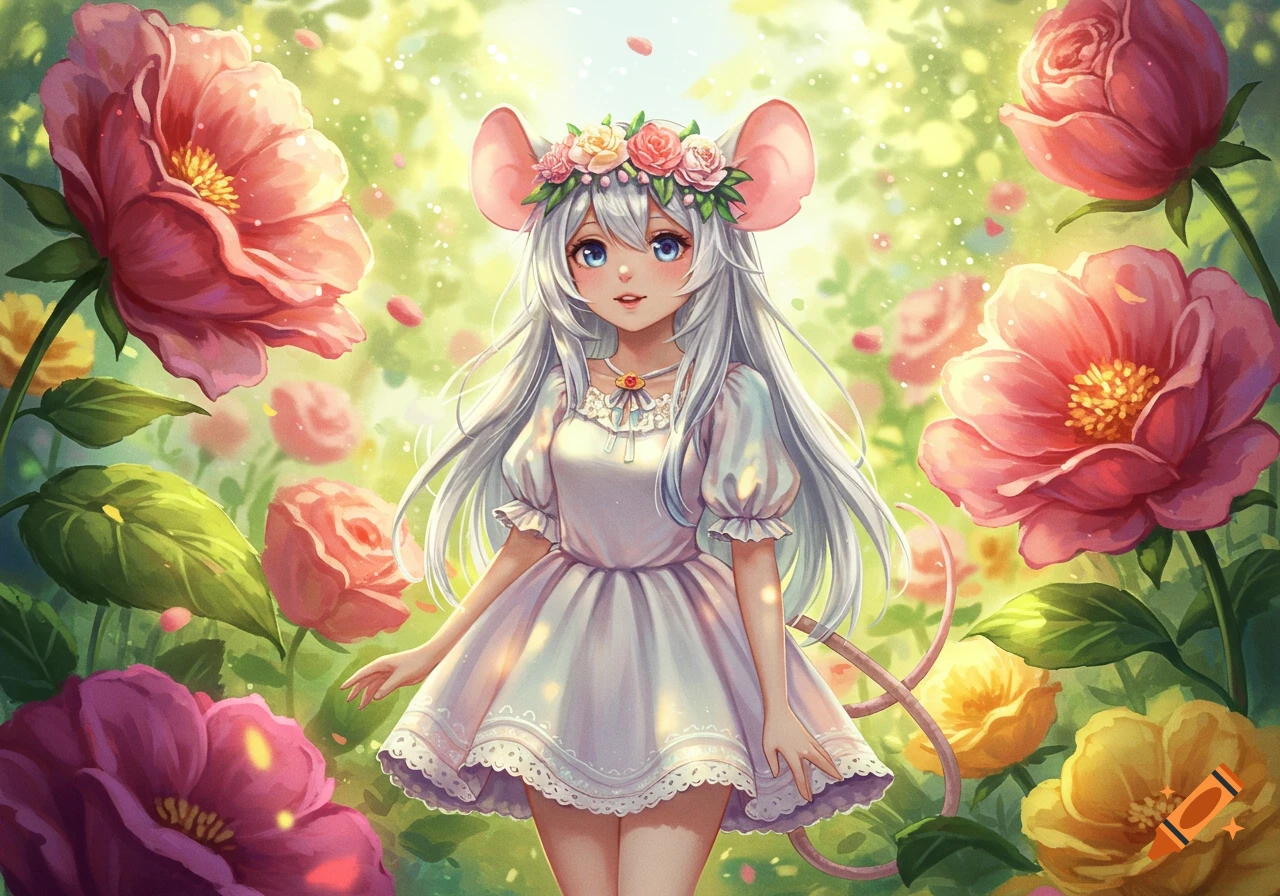 Anime mouse girl with long white hair and a flower crown, wearing a white dress, standing in a vibrant flower garden.