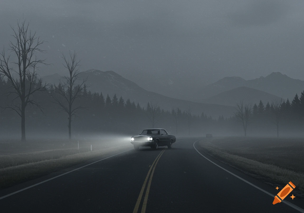 A classic car drives on a two-lane road through a dense, foggy landscape with bare trees and distant mountains.