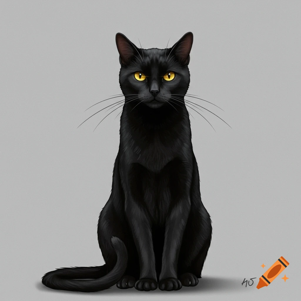 A black cat with golden eyes sits upright with a confident expression in a digital illustration.
