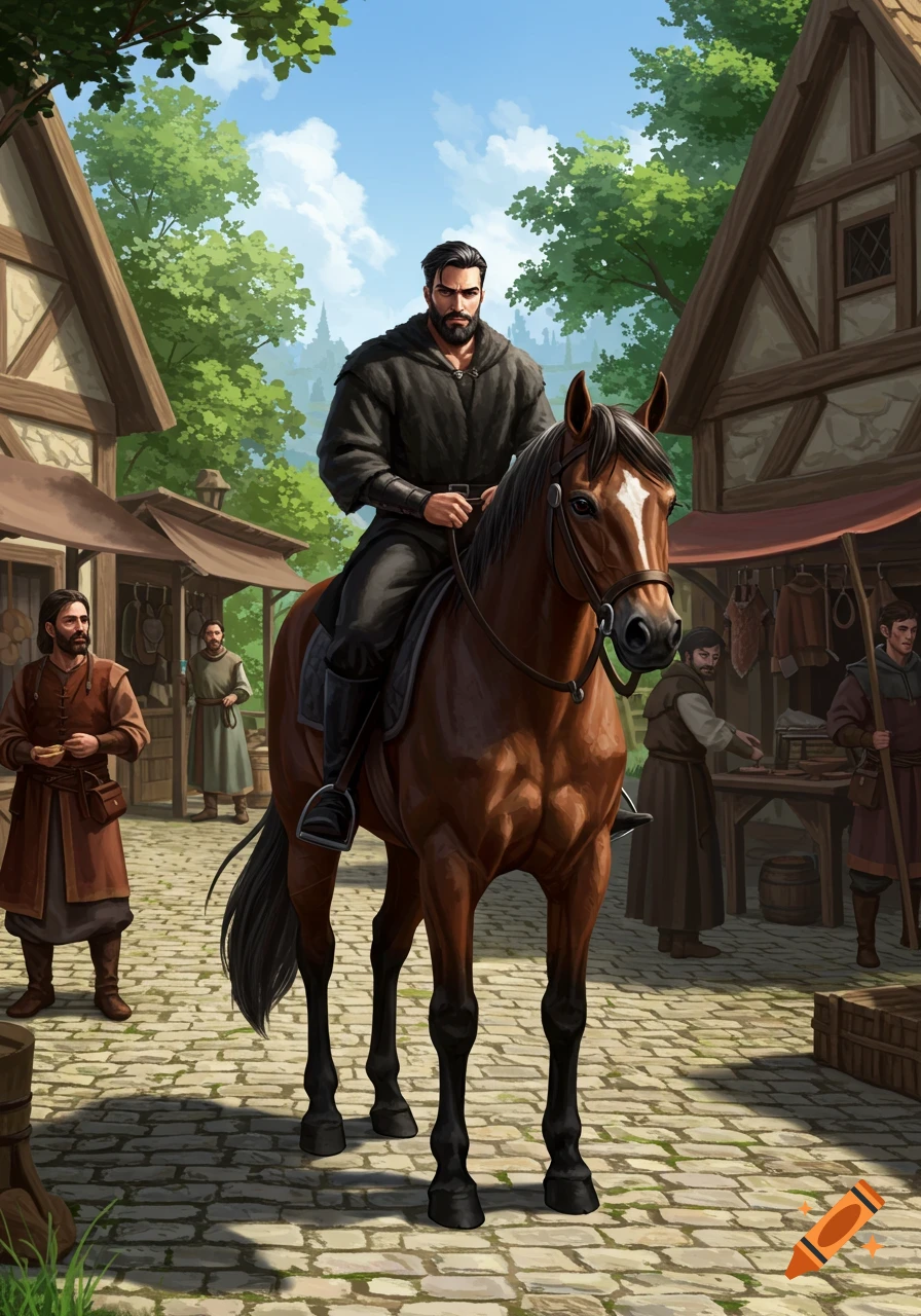 A man with a black beard in a dark cloak rides a brown horse down a cobblestone street in a medieval village.
