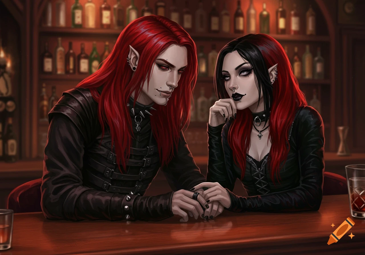 Digital illustration of a gothic couple with red and black hair, piercings, and pointed ears holding hands at a bar.