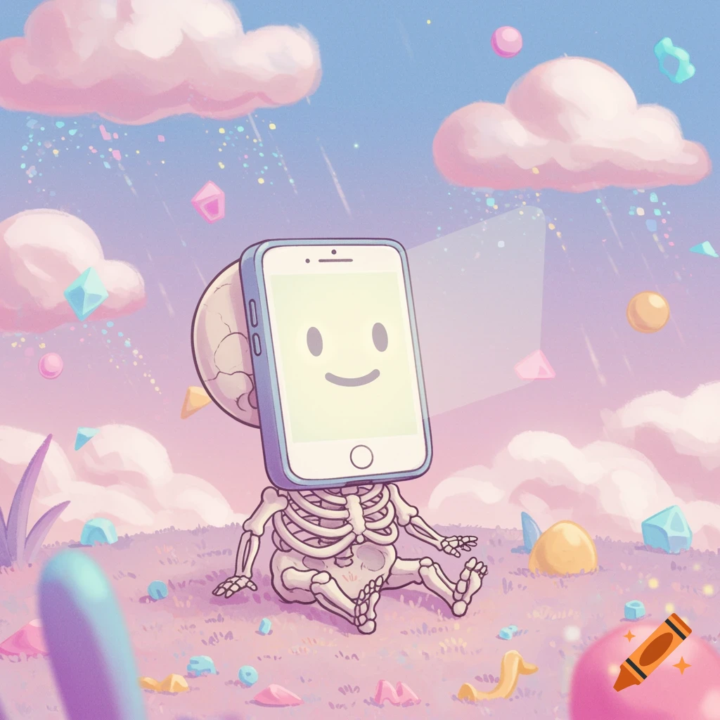 A cartoon baby skeleton with a smartphone for a head sits in a colorful, whimsical landscape with pastel clouds and floating crystals.