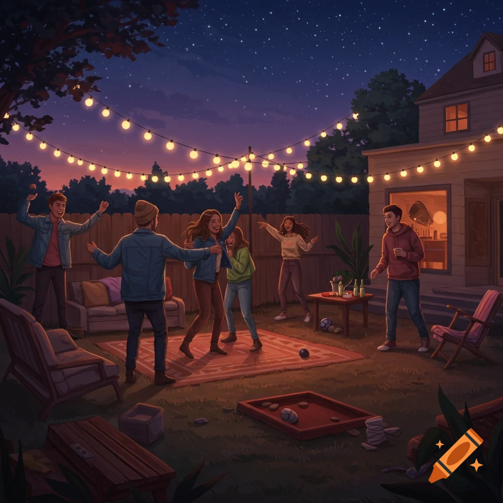 Friends dance at a lofi-style backyard party at night under string lights.