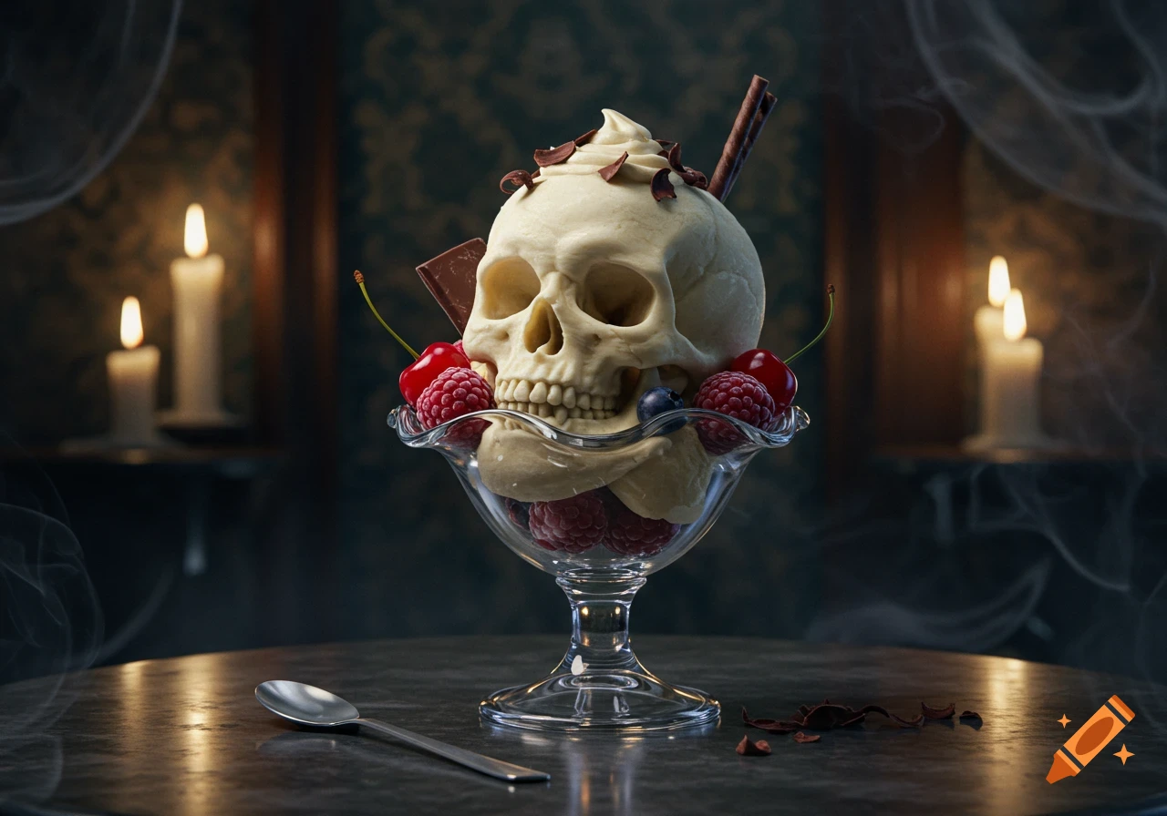 A photorealistic skull-shaped ice cream sundae topped with whipped cream, chocolate, raspberries, and cherries, on a dark table with candles.