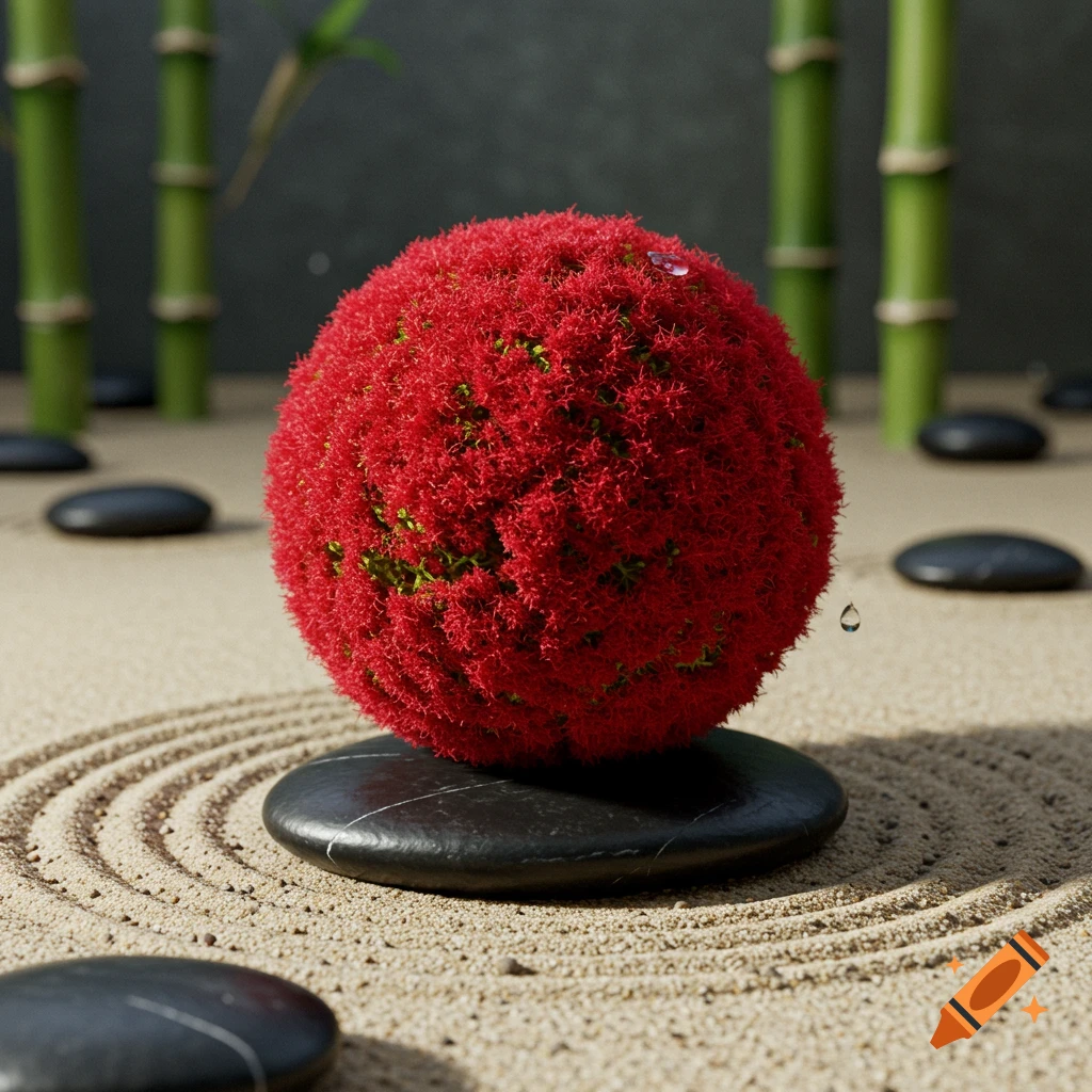 A vibrant red moss ball sits on a black stone in a raked sand zen garden with bamboo stalks and small black stones. Photorealistic.