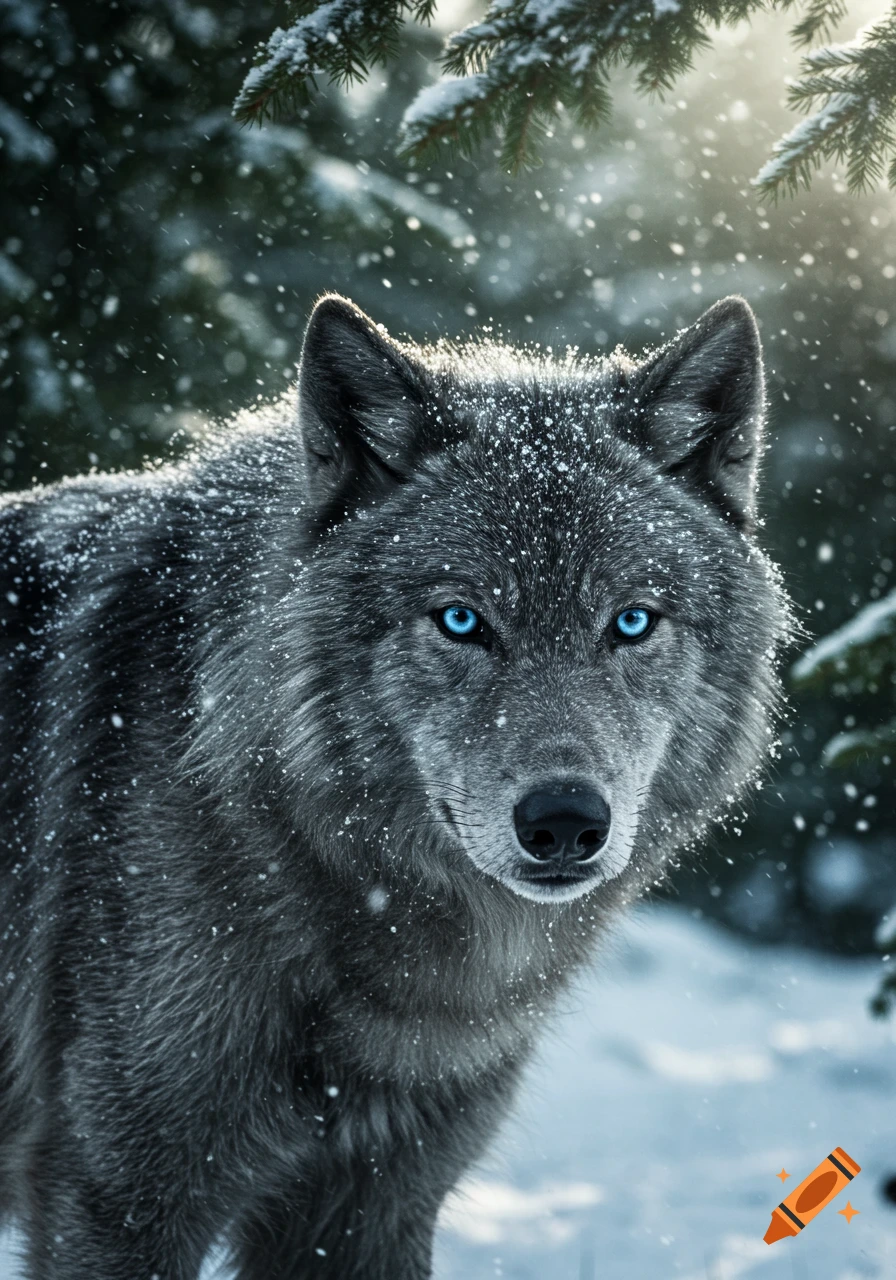 A close-up of a gray wolf with striking blue eyes, covered in snow in a winter forest, photorealistic.