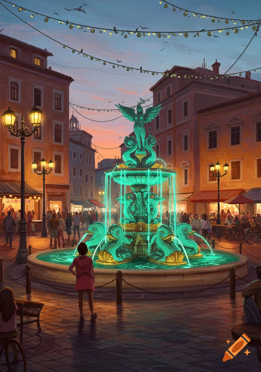 Vibrant evening scene of a city square with a glowing green fountain, surrounded by people, streetlights, and buildings, in an illustrative style.
