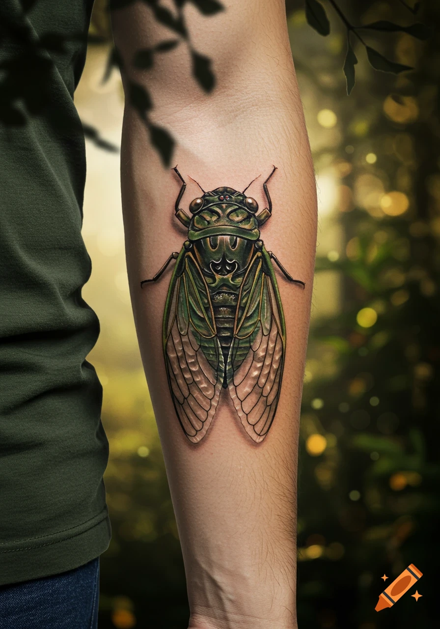 A detailed green cicada tattoo on a person's forearm with a blurred green nature background.