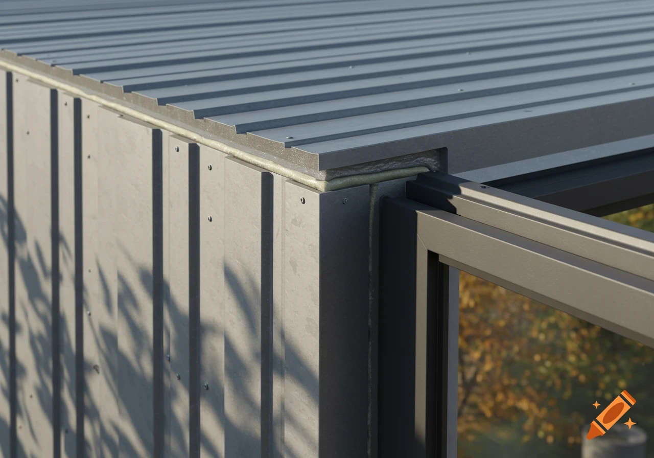 Close-up of a building corner with corrugated metal roof, gray siding, and a window frame, showing sealant.