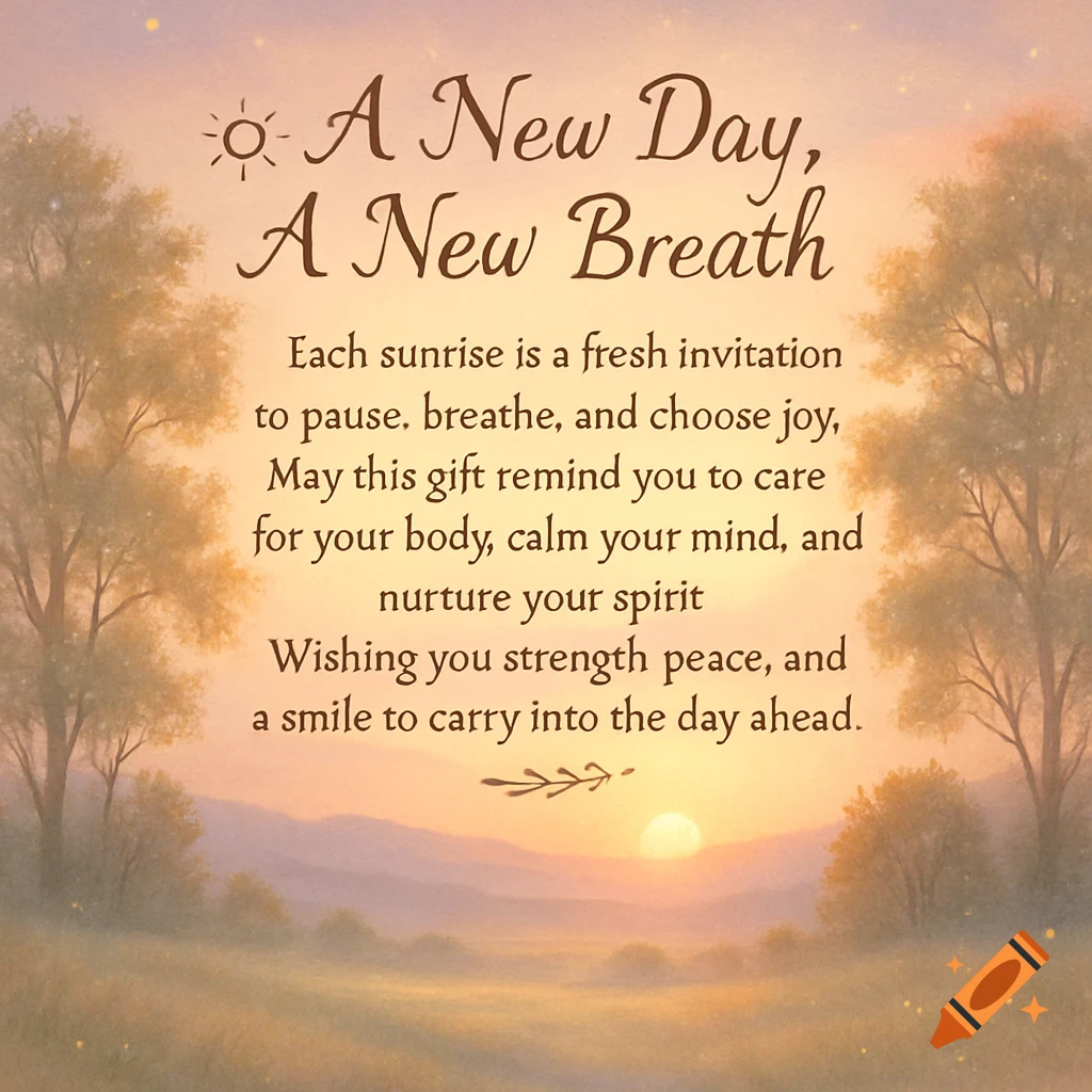 A serene sunrise landscape with text "A New Day, A New Breath" and a motivational message about caring for body and spirit.