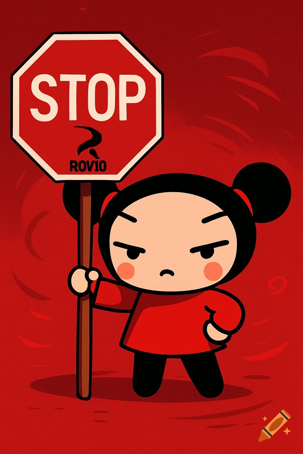 Pucca, the animated character, holds a red stop sign with 'STOP' and 'ROV10' text, against a red background in a cartoon style.