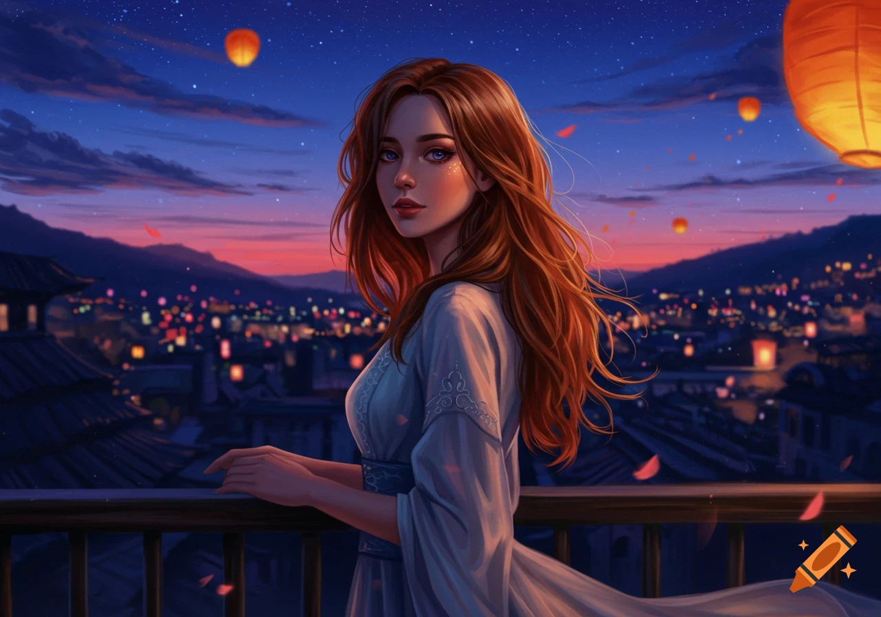 An illustrated young woman with long red hair on a balcony, overlooking a vibrant city at dusk with floating lanterns.